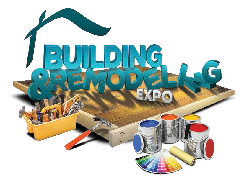 Building & Remodeling Expo logo with tools and paint cans for home construction.
