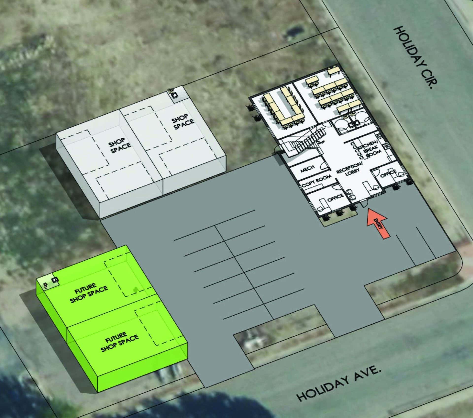 Construction site layout of the Home Builders Association of Billings facility with future shop spac.