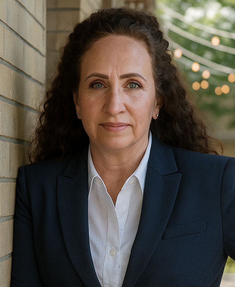 Professional woman in business suit outdoors, representing Home Builders Association of Billings.